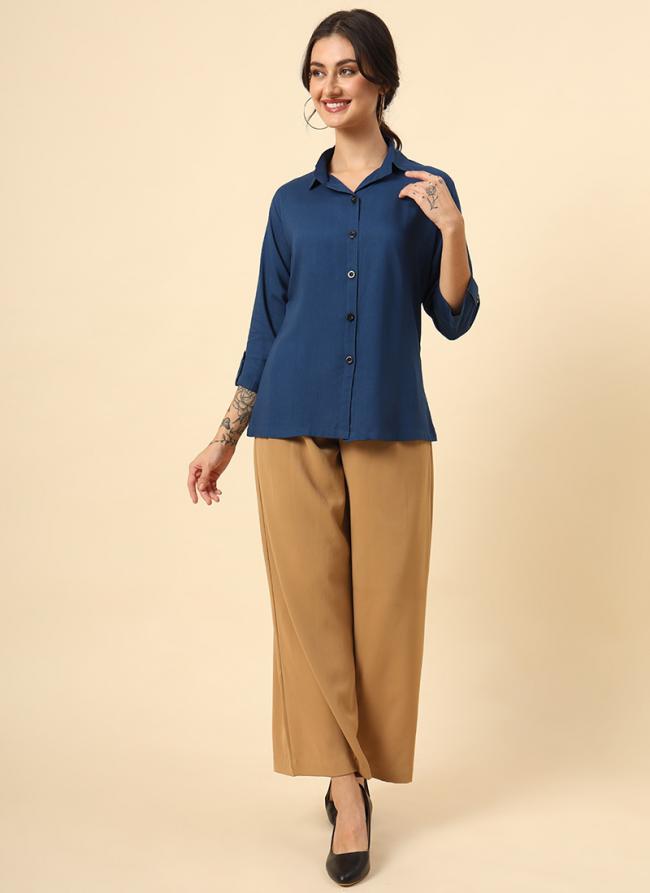 Rayon Aqua Blue Office Wear Plain Readymade Women's Shirt